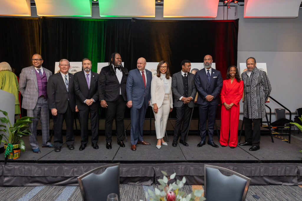 Pictured (left to right): Edward L. Hamm, Jr. (President and CEO, E.L. Hamm & Associates), Finance Awardee Victor Branch (Senior Vice President, Bank of America), Education Awardee Dr. Scott Miller (President, Virginia Wesleyan University), Health Awardee Dr. Alfred Abuhamad (Executive Vice President, Macon & Joan Brock Virginia Health Sciences at Old Dominion University and Dean, Eastern Virginia Medical School at ODU), Housing Awardee Donovan Duncan (Executive Vice President, Urban Strategies), Michael C. Creedon Jr. (CEO, Dollar Tree/Family Dollar), Jessica Thomas (Senior Vice President and Chief Diversity Officer, Dollar Tree/Family Dollar), Dr. Sarah Lewis (Harvard Professor, Author, and Keynote Speaker), Housing Awardee Kenny Alexander (Mayor of Norfolk), Economic Development Awardee Jeremy Bridges (President, Hampton Roads Shipping Association), E.L. Hamm Lifetime Achievement Awardee Tim Reid (Actor, Producer, and Director), and Gilbert Bland (President and CEO, Urban League of Hampton Roads).