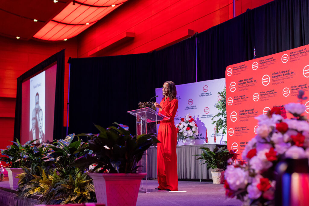 Dr. Sarah Lewis delivering her keynote address on “The Power of Words” at the 41st Annual MLK Community Leaders Awards Dinner at the Virginia Beach Convention Center on January 16, 2025.